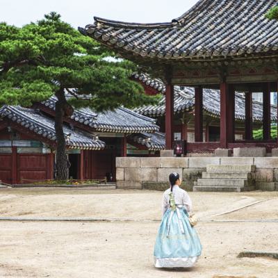 Women In Wearing Traditional Costume At The Changdeokgung Palace Seoul South Korea